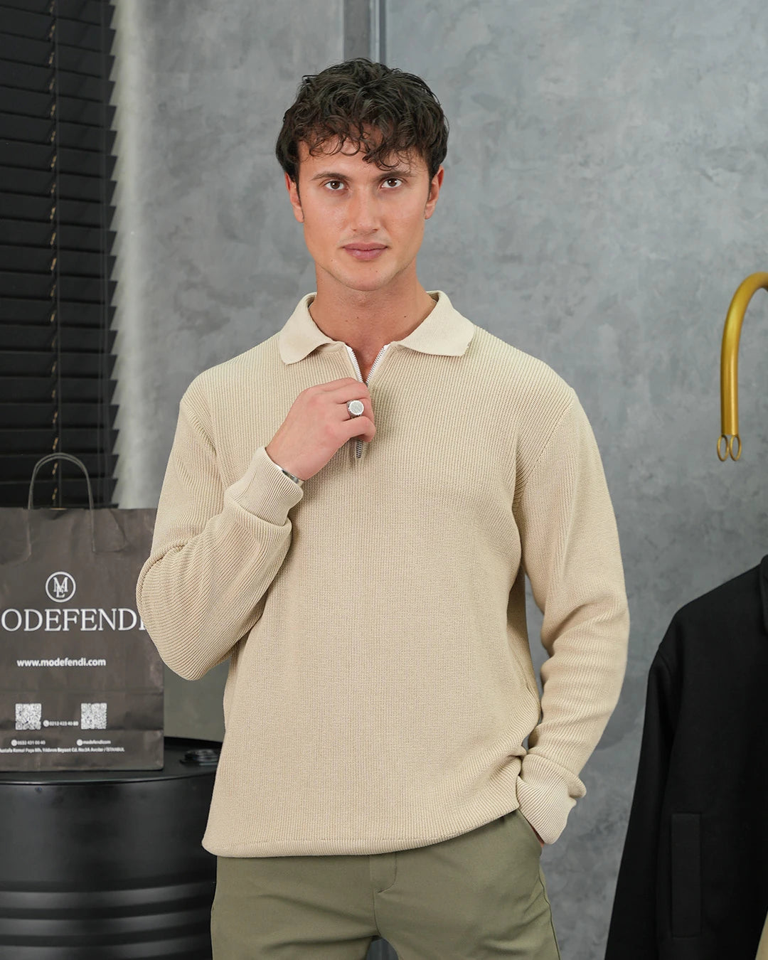 Yüksek Kalite Polo Yaka Fermuar Detaylı Kazak