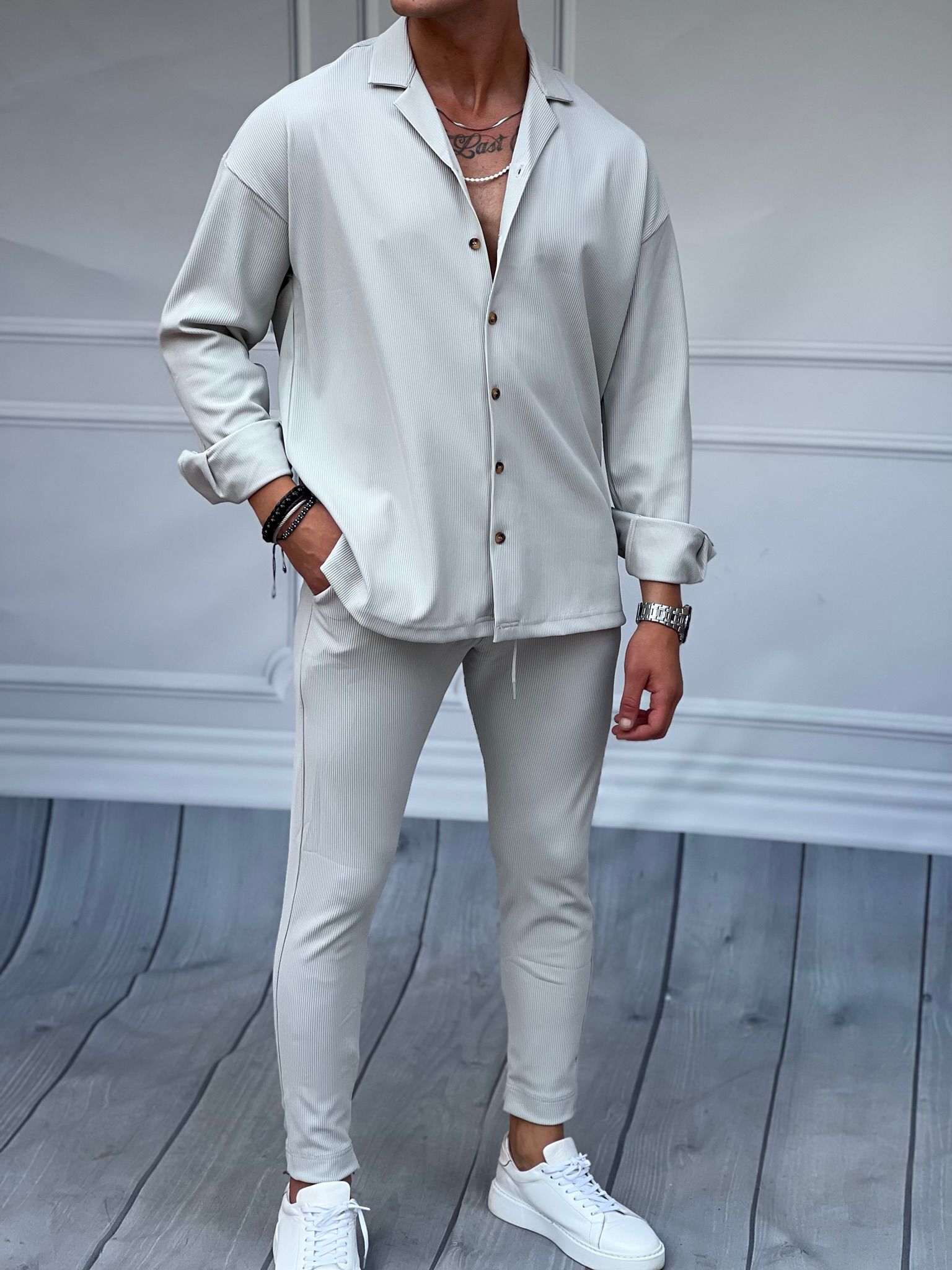 Fitil Desenli Oversize Uzunkol Gömlekli Takım