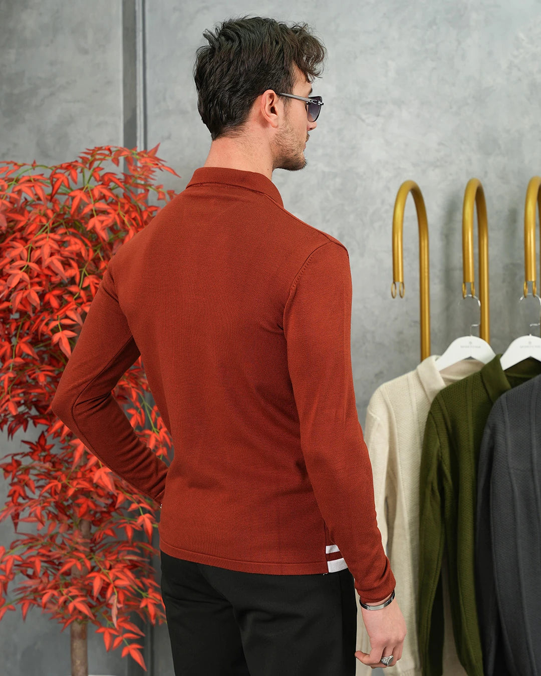 Şerit Detaylı Fermuarlı Polo Yaka Triko Kazak