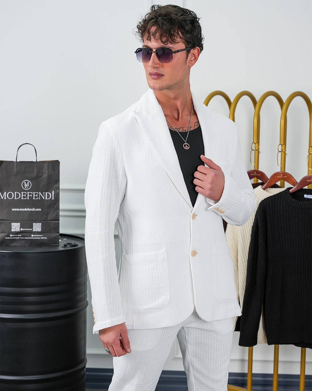 %100 Pamuk Keten Modern Fit Örgü Kemer Detaylı Keten Takım Elbise