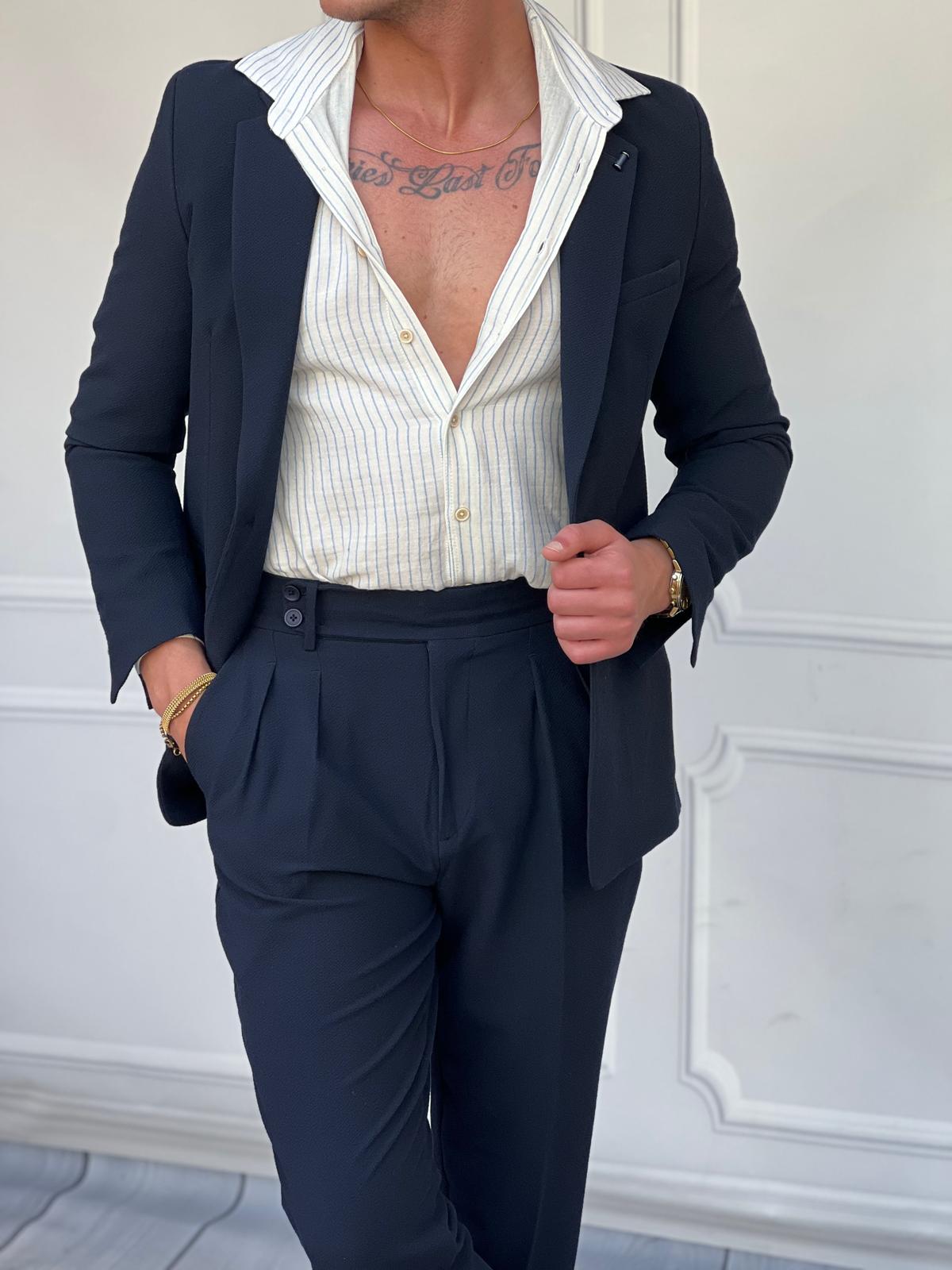 Özel Seri %100 Gofre Kumaş İtalyan Kesim Pileli Modern Fit Takım Elbise