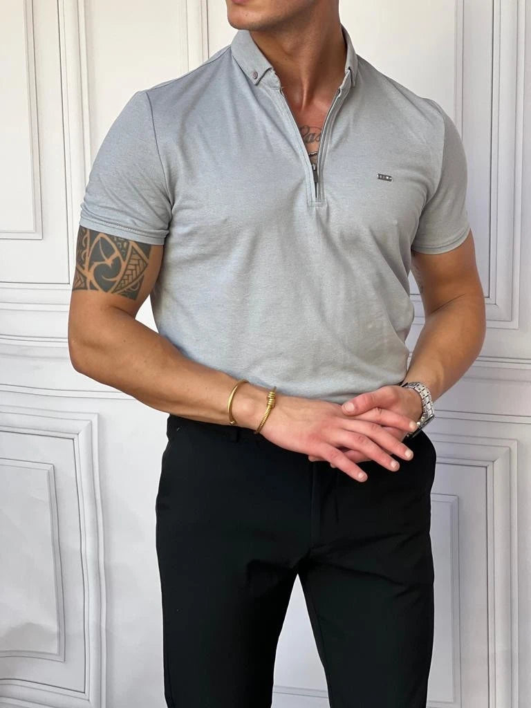 Pamuk Likra Slim Fit Kalıp Bebe Yaka Fermuarlı Tshirt