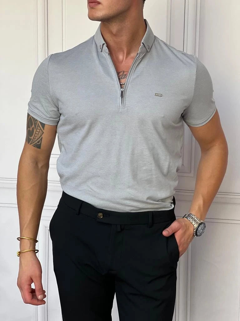 Pamuk Likra Slim Fit Kalıp Bebe Yaka Fermuarlı Tshirt