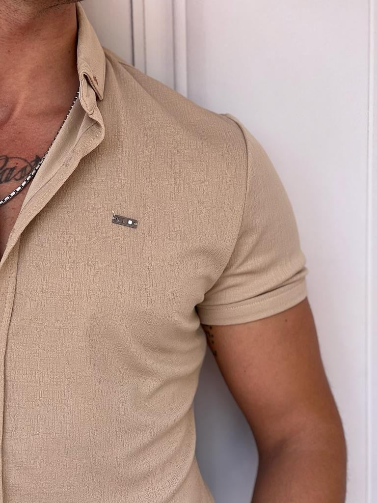 Pamuk Likra Gofre Kumaş Slim Fıt Kalıp Kısa Kollu Gömlek