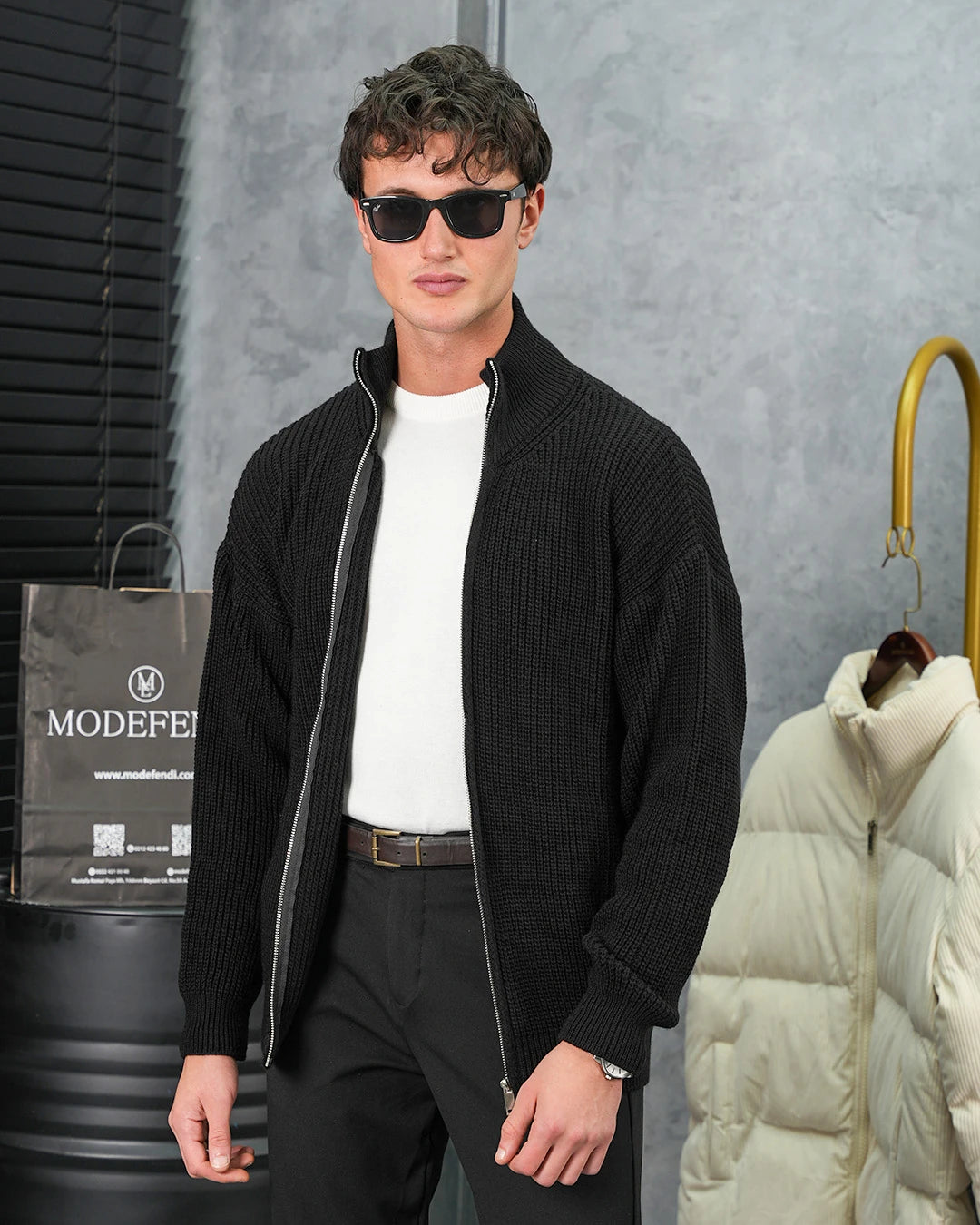 Yüksek Kalite Örgü Desen Fermuarlı Triko Hırka