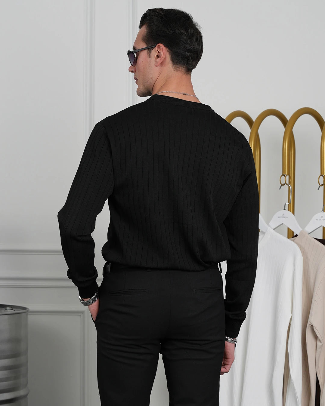 Pamuk Likra Slim Fit Bisiklet Yaka Dikey Çizgi Triko Kazak