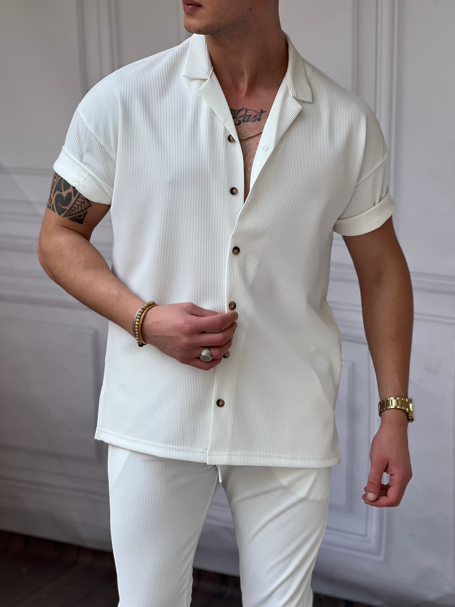 Fitil Desenli Oversize Kısa Kollu Gömlekli Takım