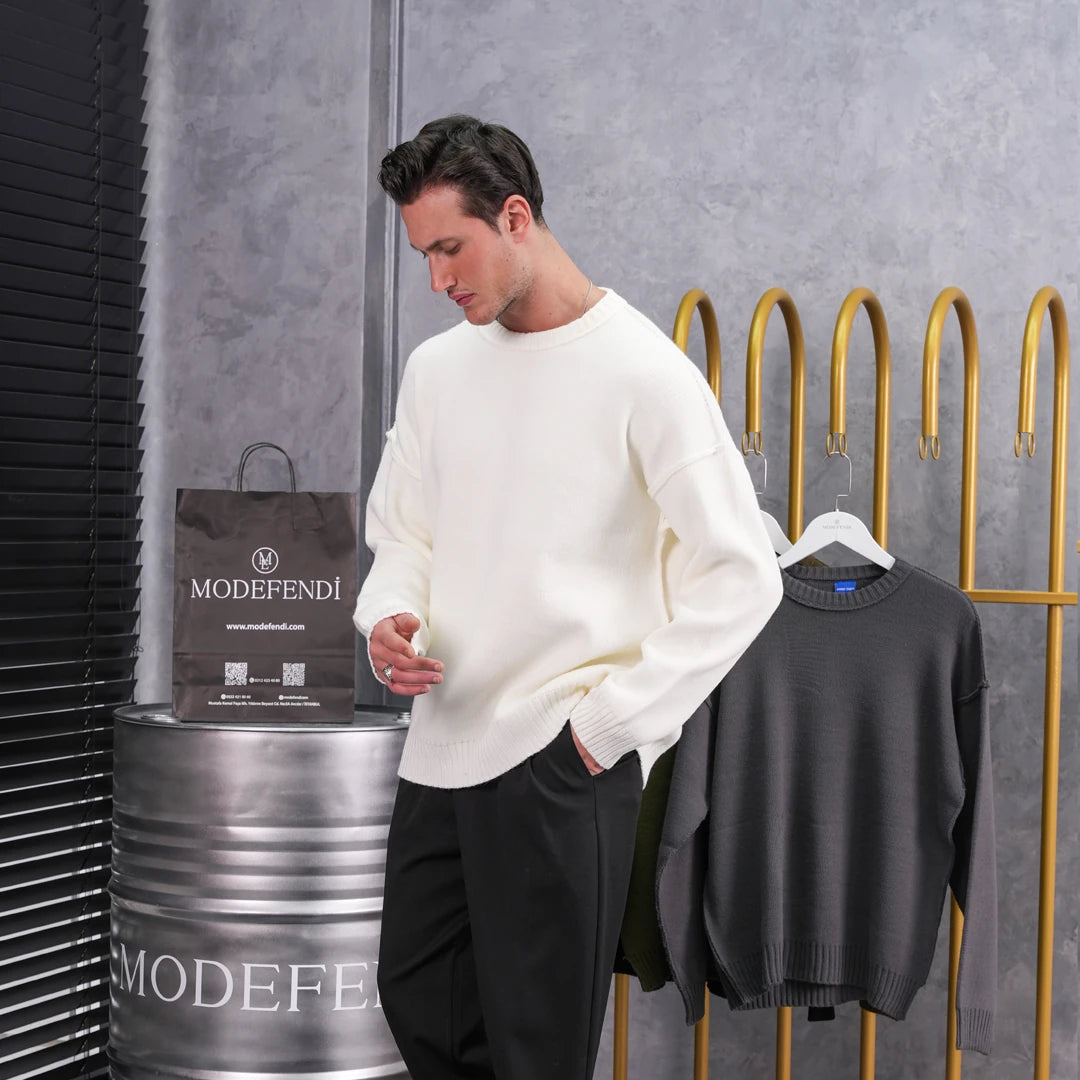 Ters Dikiş Oversize Bisiklet Yaka Yün Pamuk Kazak