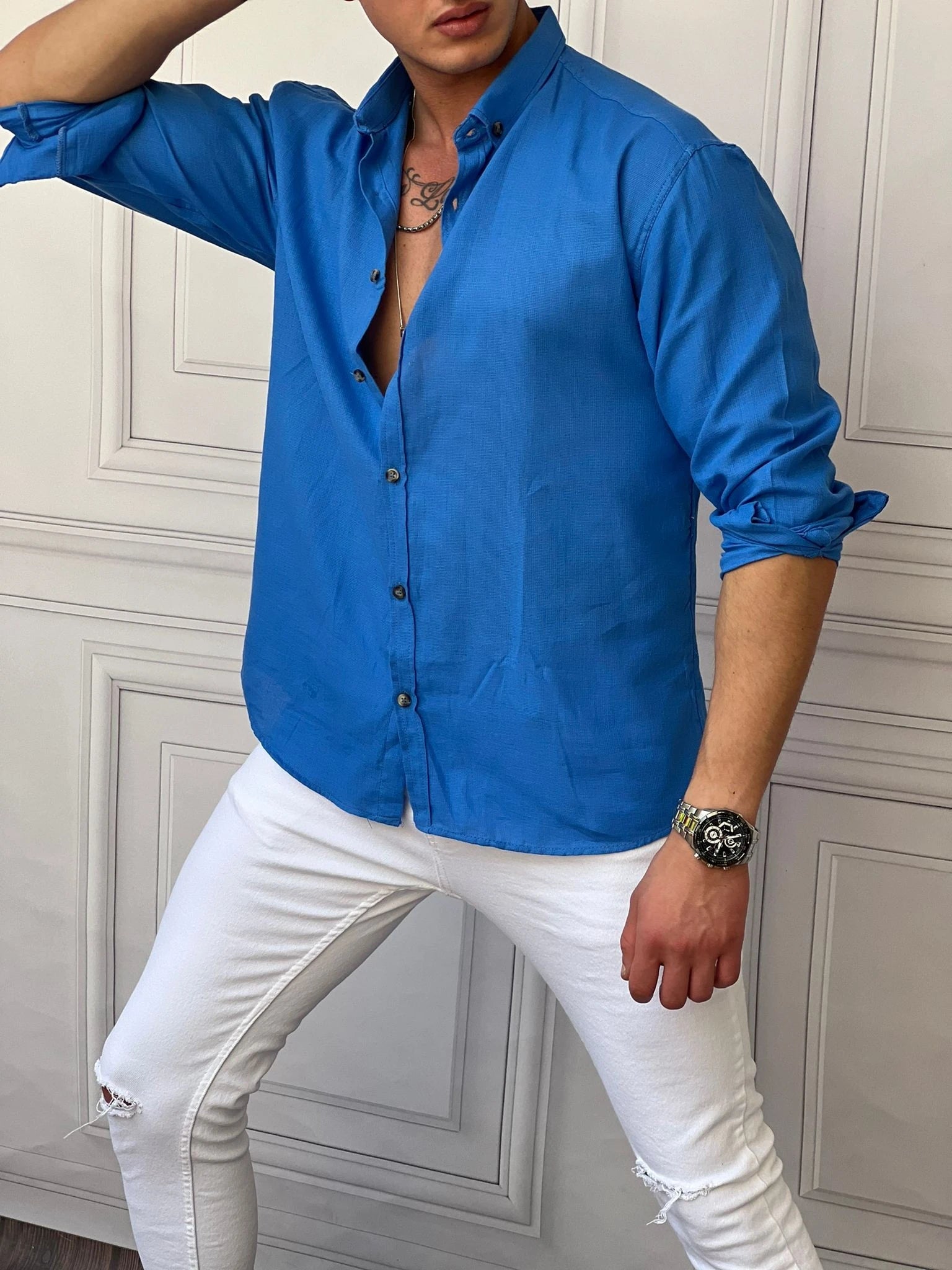 Rahat Kalıp Oversize Büyük Düğme Pamuklu Keten Gömlek