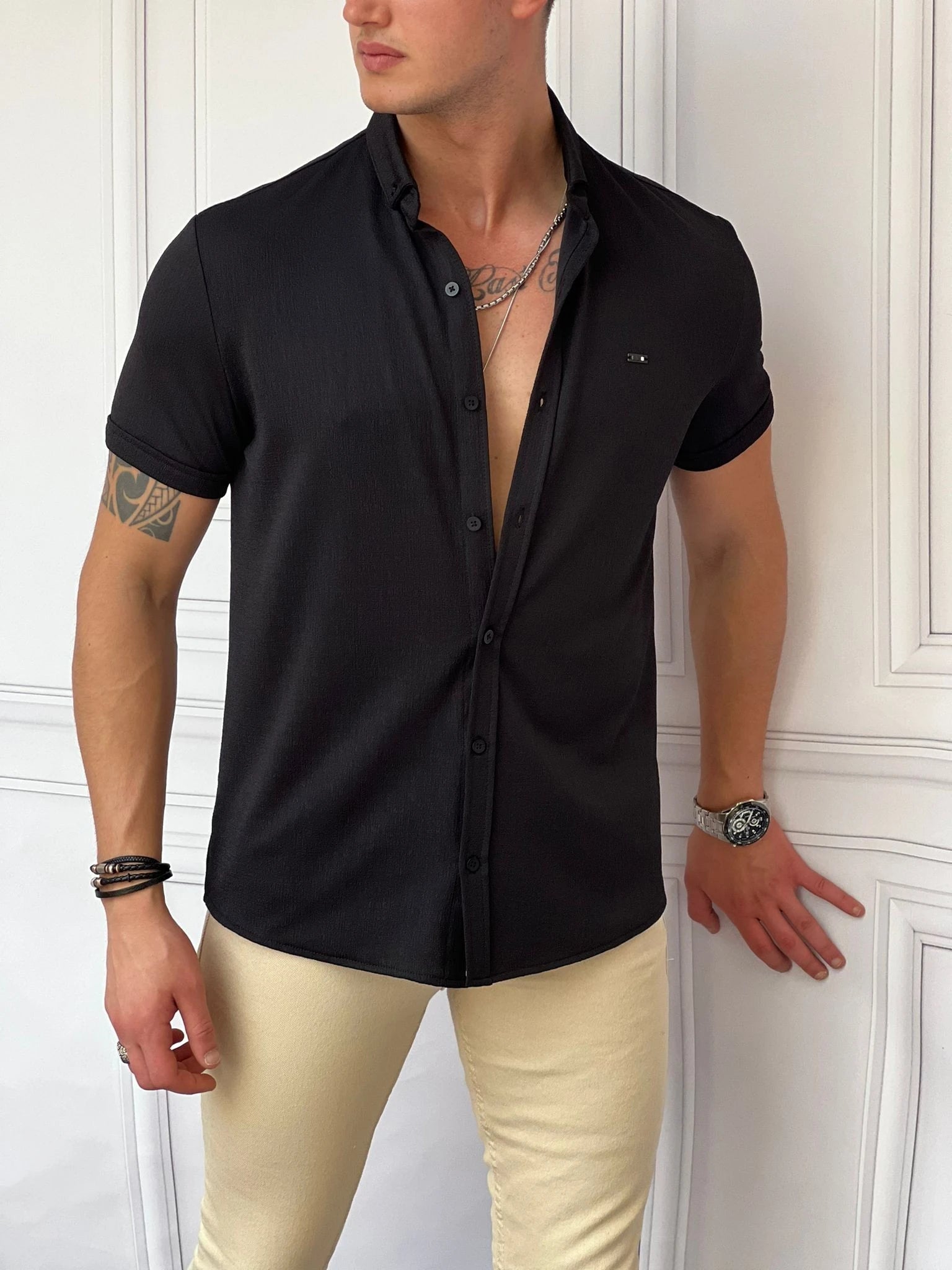 Pamuk Likra Gofre Kumaş Slim Fıt Kalıp Kısa Kollu Gömlek