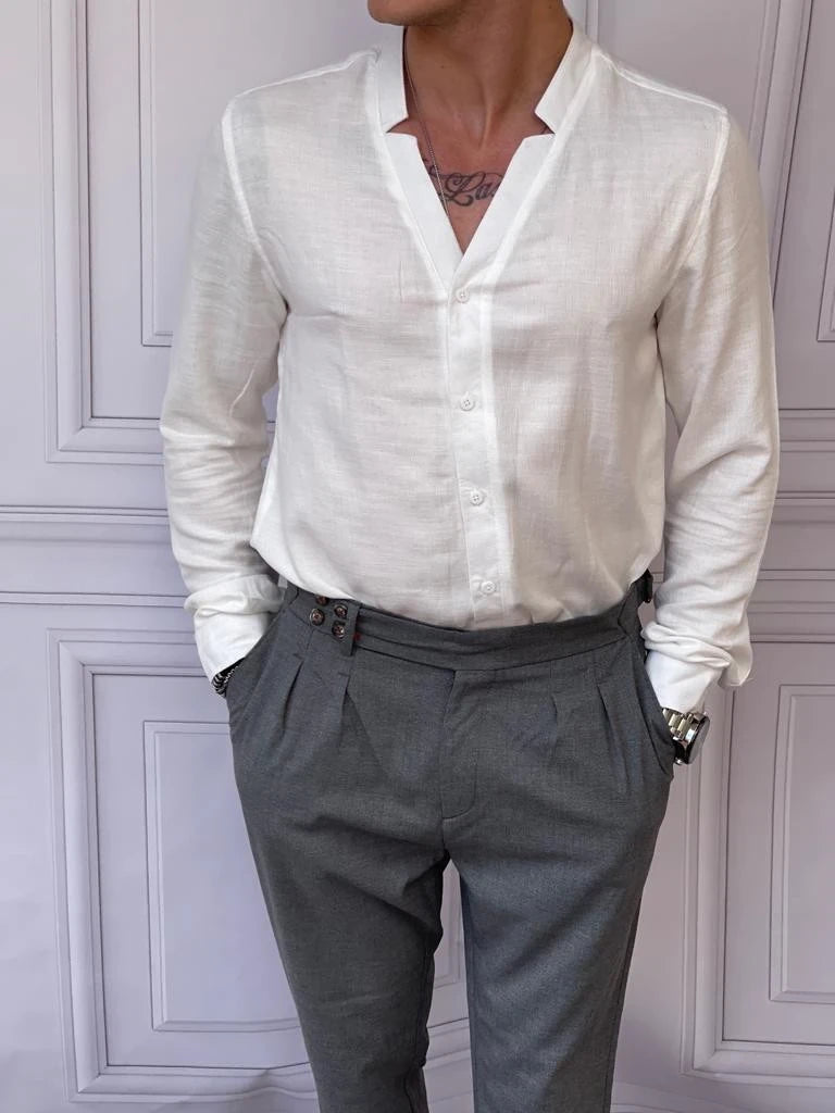 Rahat Kalıp  Yaka Yırtmaç Detaylı Keten Gömlek