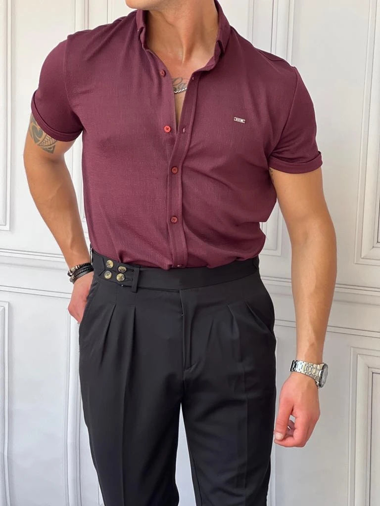 Pamuk Likra Gofre Kumaş Slim Fıt Kalıp Kısa Kollu Gömlek