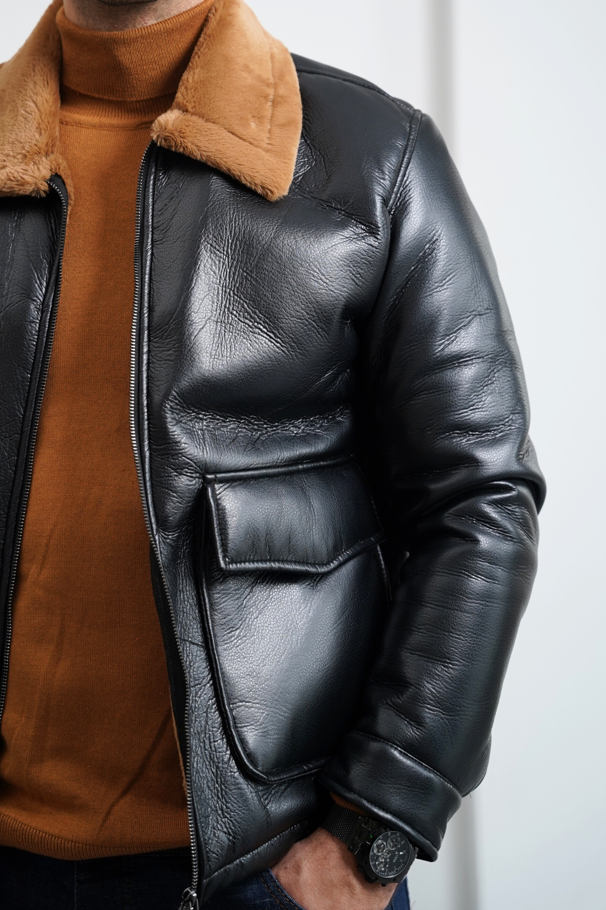 Torba Cep Full Kürk Detaylı İthal Deri Mont