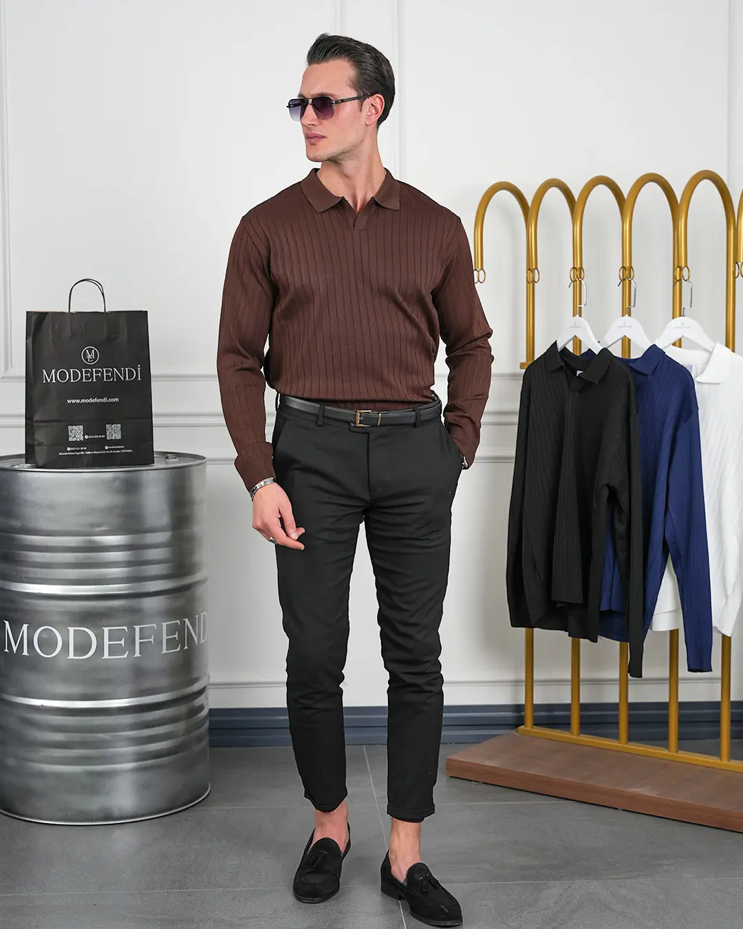 Pamuk Likra Slim Fit Kesik Yaka Dikey Çizgi Triko Kazak - 6