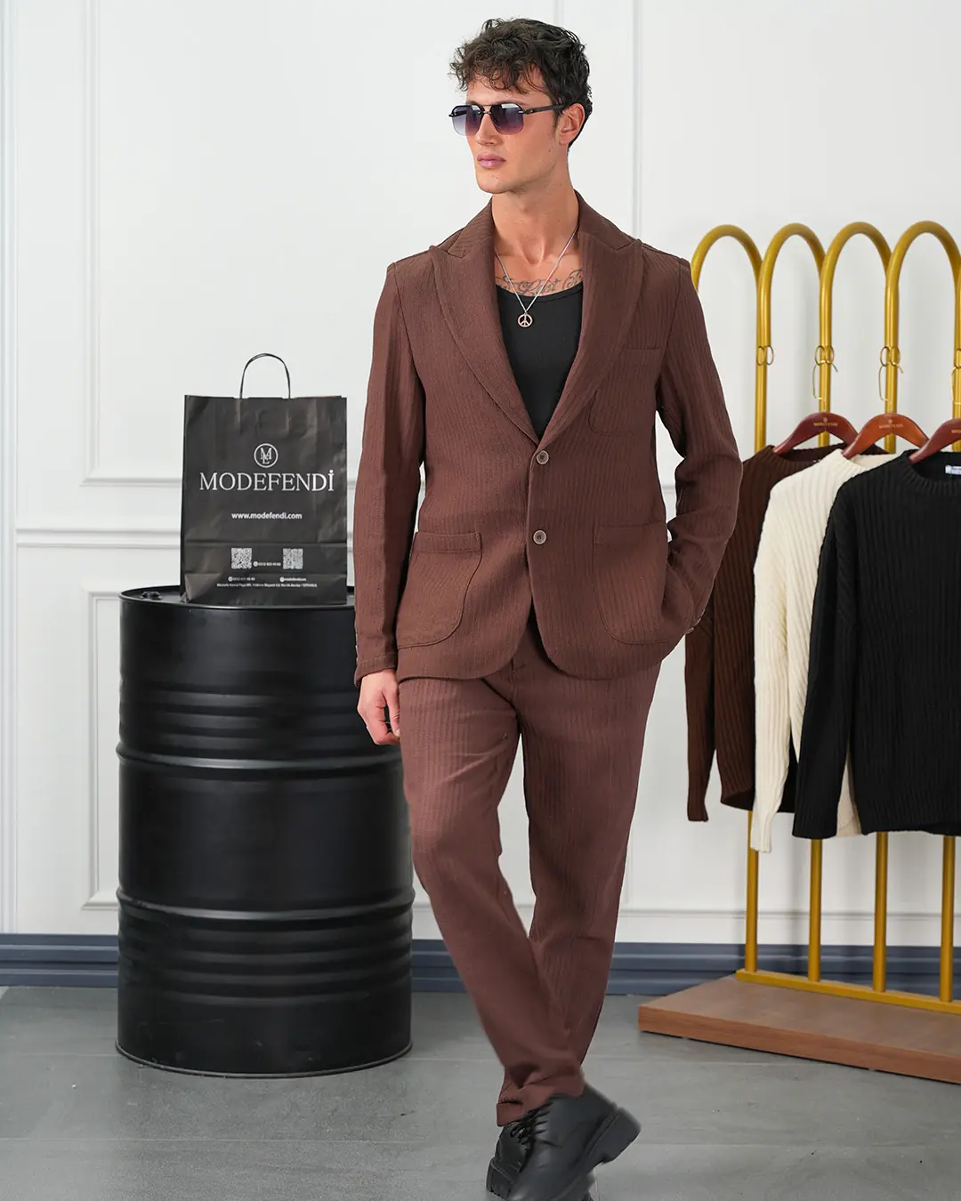 %100 Pamuk Keten Modern Fit Örgü Kemer Detaylı Keten Takım Elbise