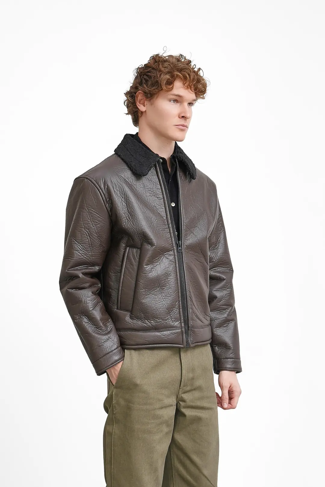 Orta Slim Fit İçi Elyaf Yaka Kürk Detaylı İthal Deri Yan Cep Deri Mont - 3