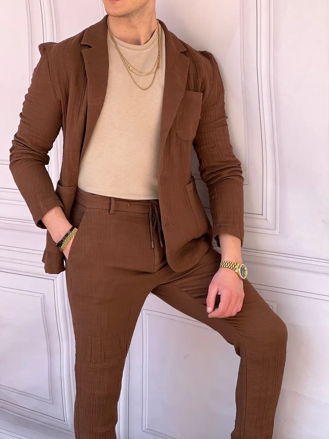 Kırışık Kumaş Keten Ceket Pantolon Takım Elbise - 1