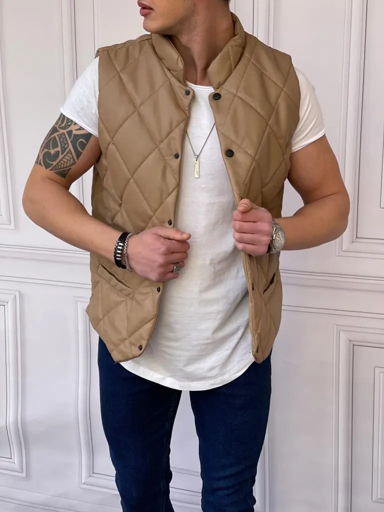 Slim Fit Baklava Desen Cep Detaylı Deri Yelek - 1