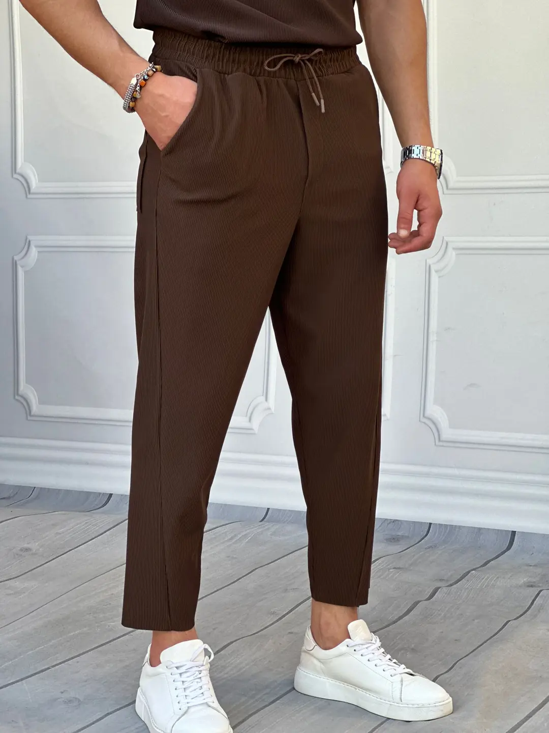 Asimetrik Paça Jogger Pantolon - Kahverengi