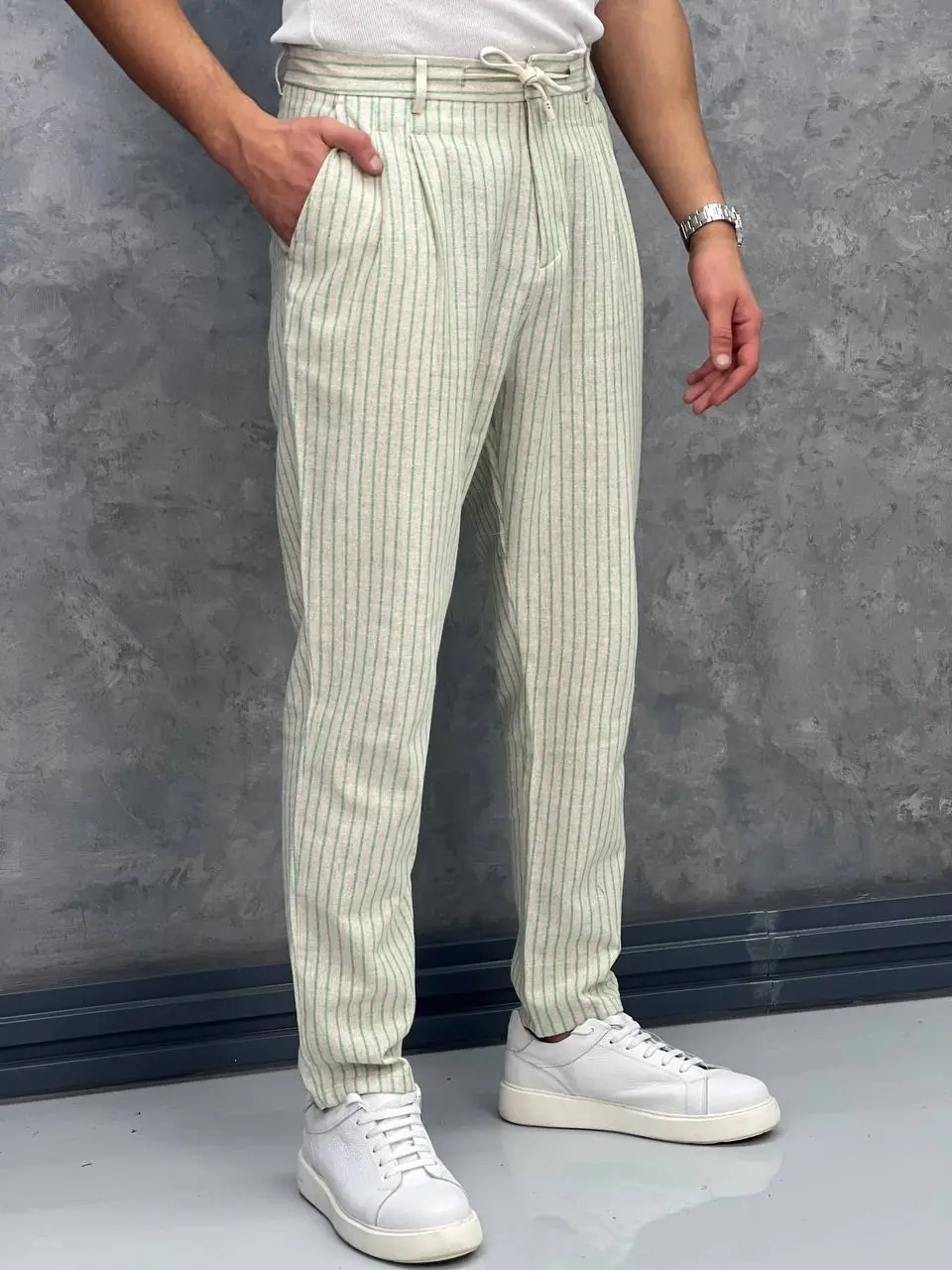 Linen Kumaş Çizgi Detaylı Pantolon