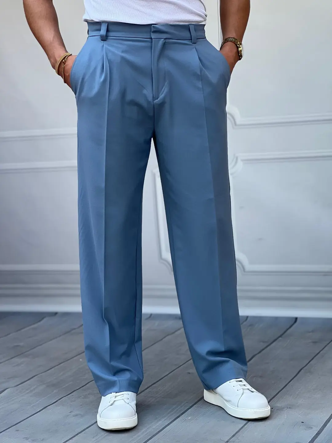 Gizli Düğme Detaylı Yüksek Kalite Baggy Pileli Kumaş Pantolon