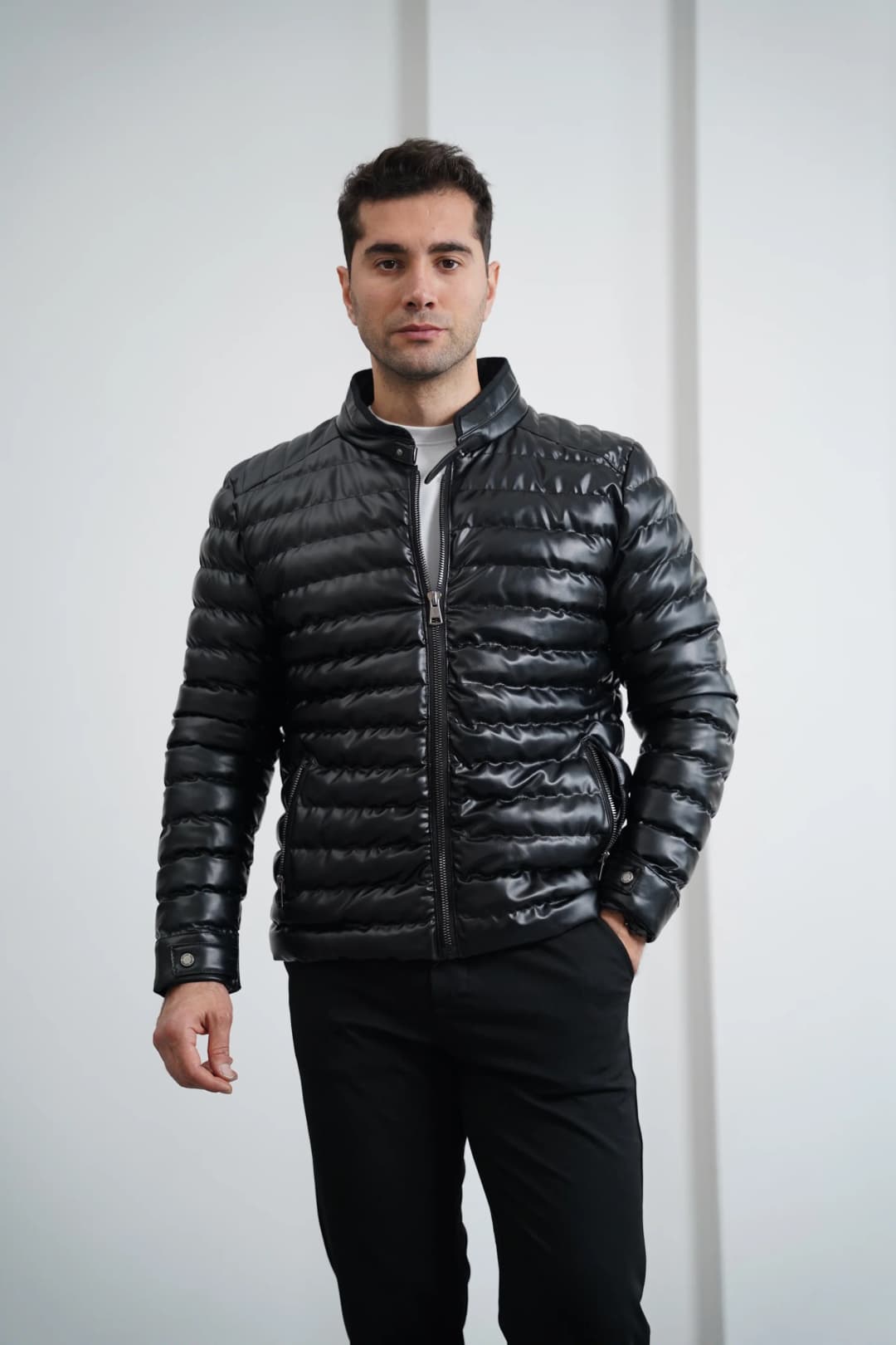 Şişme Deri Slimfit Kesim Deri Mont - Siyah
