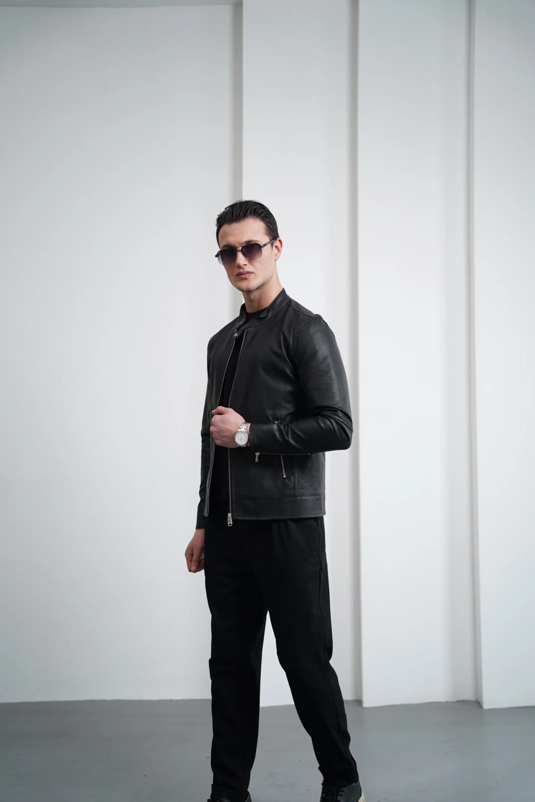 Slim fit Kalıp Hakim Yaka Çıtçıt Detaylı Sade Deri Mont - 3