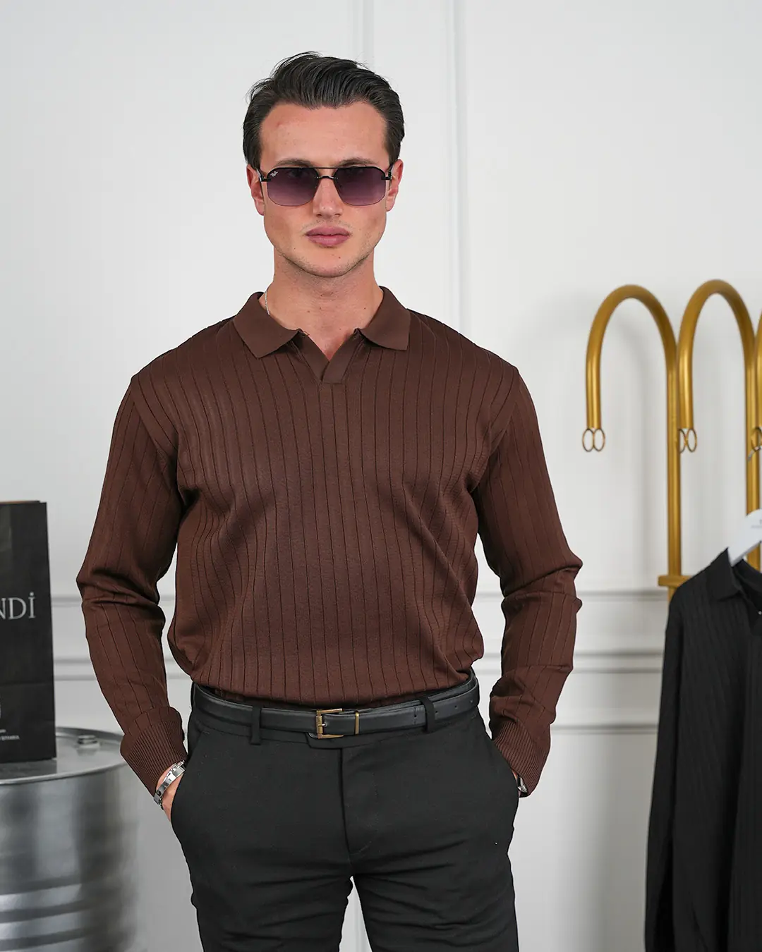Pamuk Likra Slim Fit Kesik Yaka Dikey Çizgi Triko Kazak