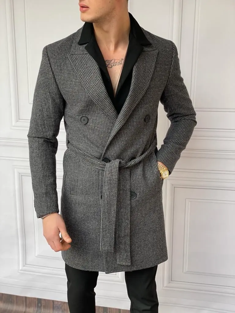 Slim Fit İtalyan Kesim Kaz Ayağı  Kemer Detaylı Antresit Kaşe Kaban - 1