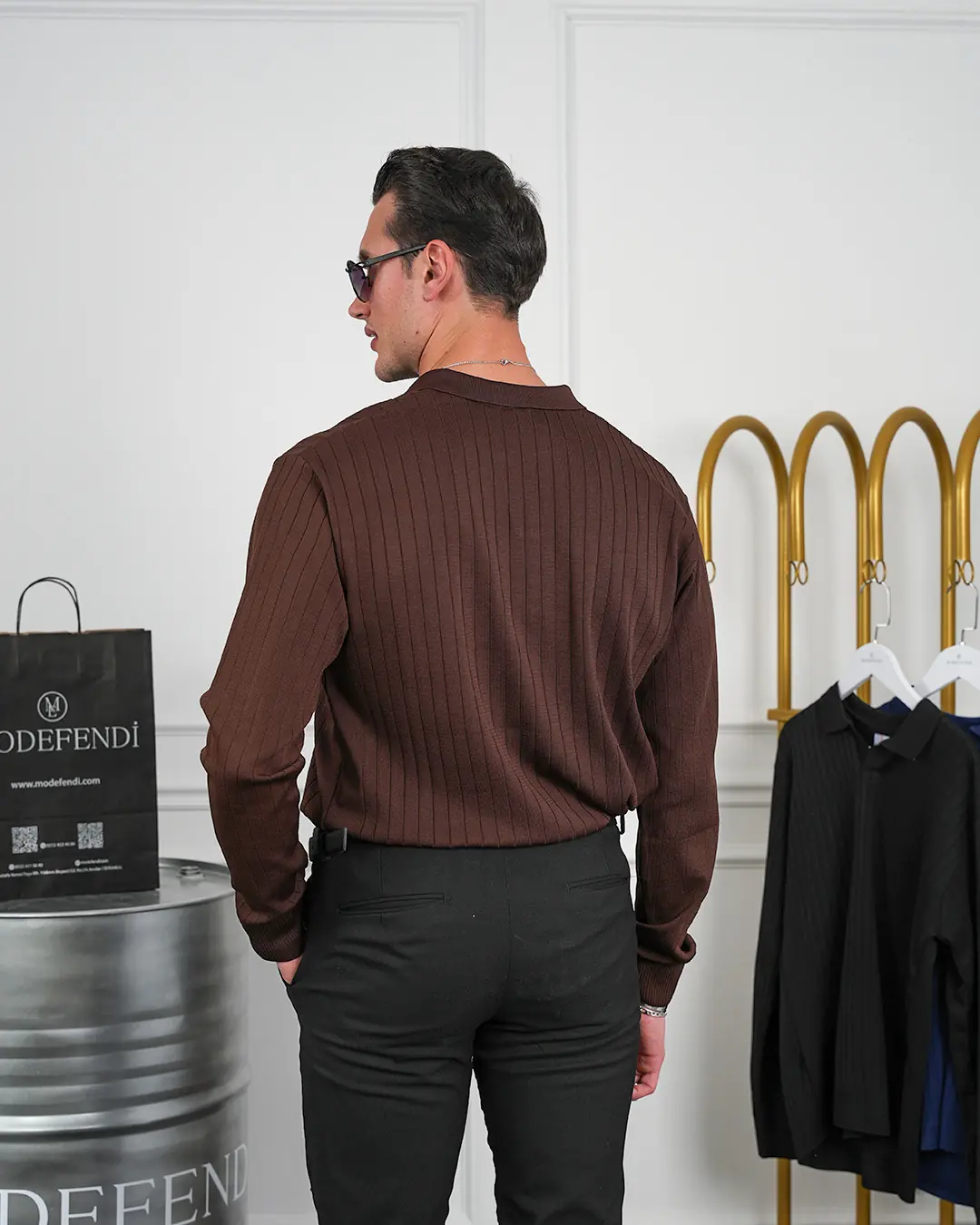 Pamuk Likra Slim Fit Kesik Yaka Dikey Çizgi Triko Kazak - 7