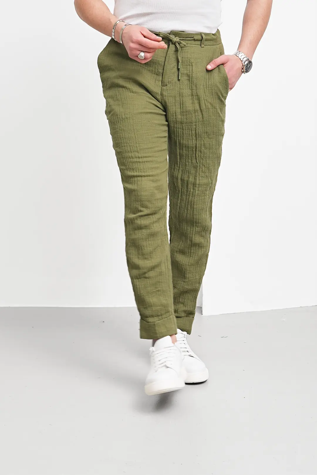 Kırışık Kumaş Kırçıllı Keten Pantolon - 4