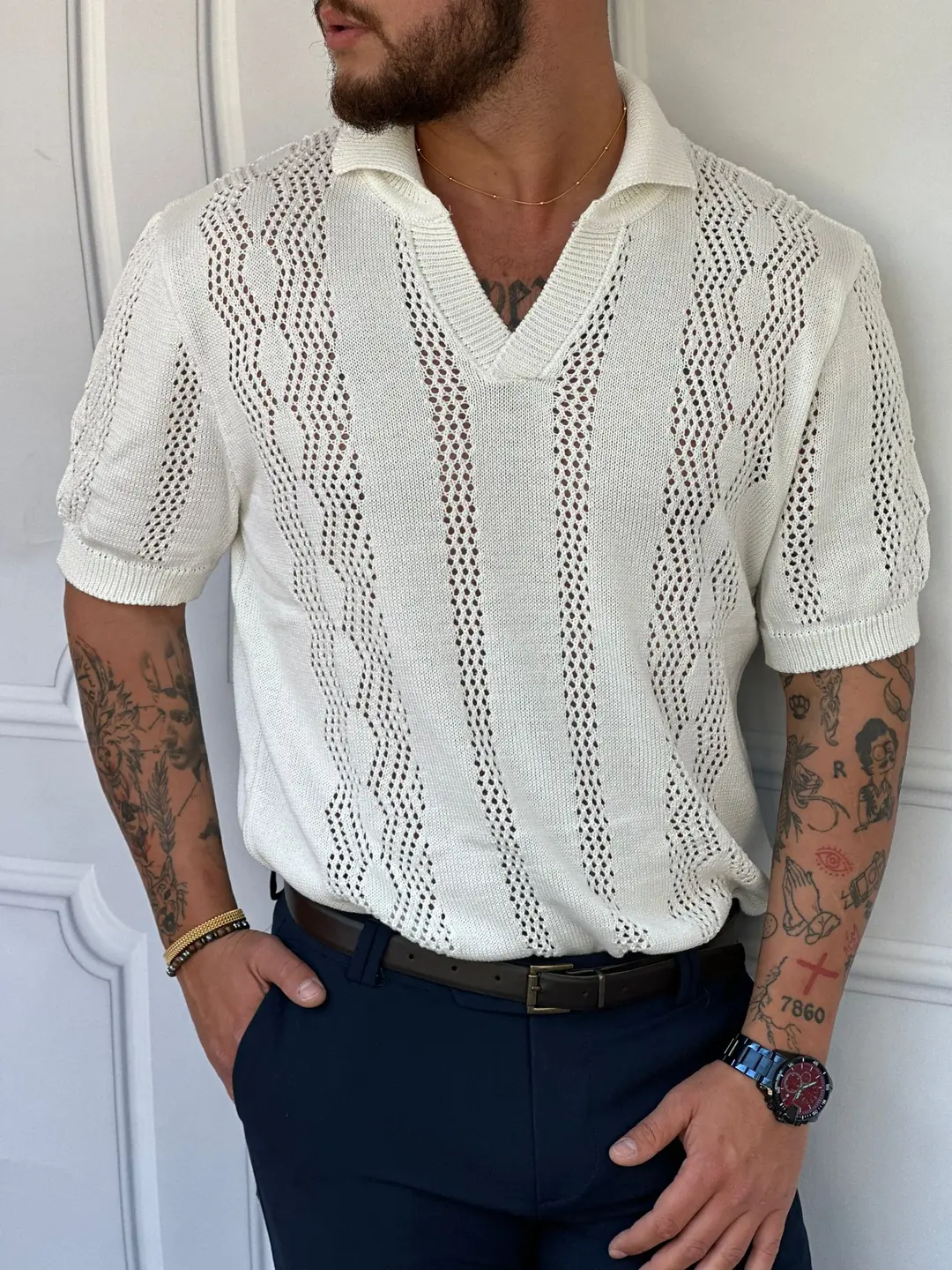 Tam Oversize Desenli Örgü Model Triko Tshırt - 1