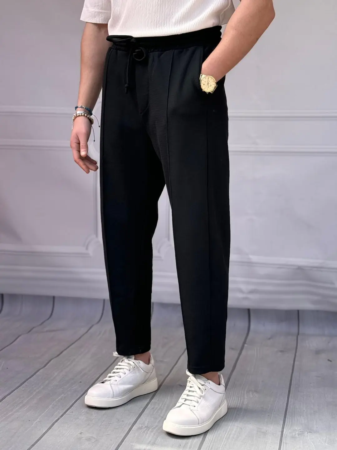 Waffle Kumaş Şerit Detaylı Boyfriend Jogger Pantolon - Siyah