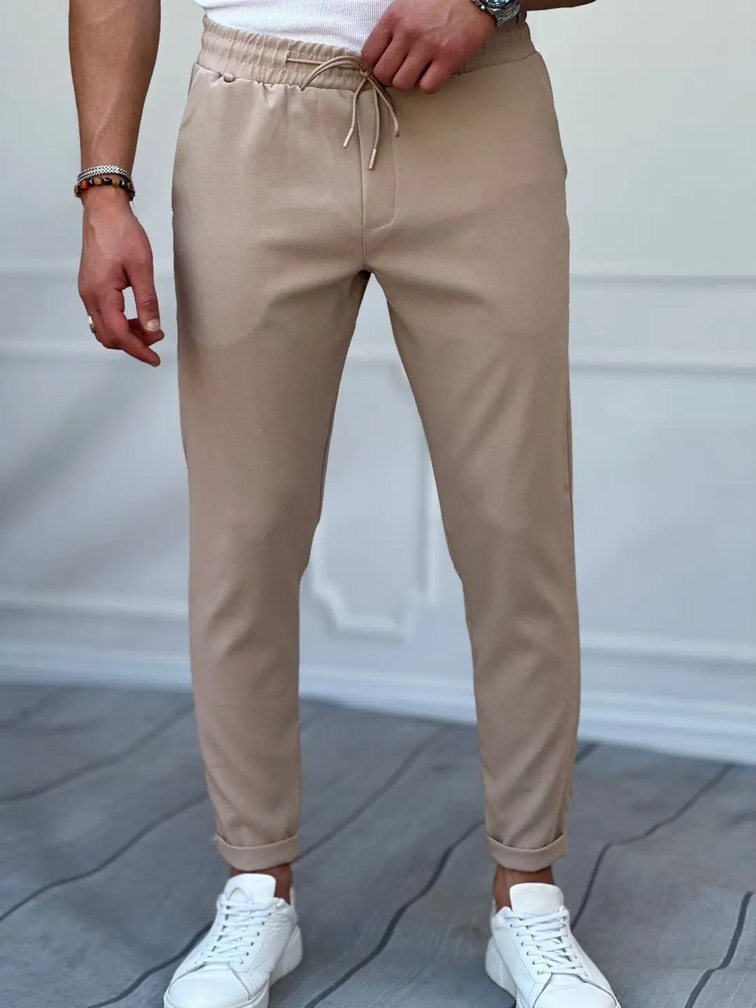 Double Paça Slimfit Kesim Full Likralı İp Detaylı Düz Jogger Pantolon - Bej