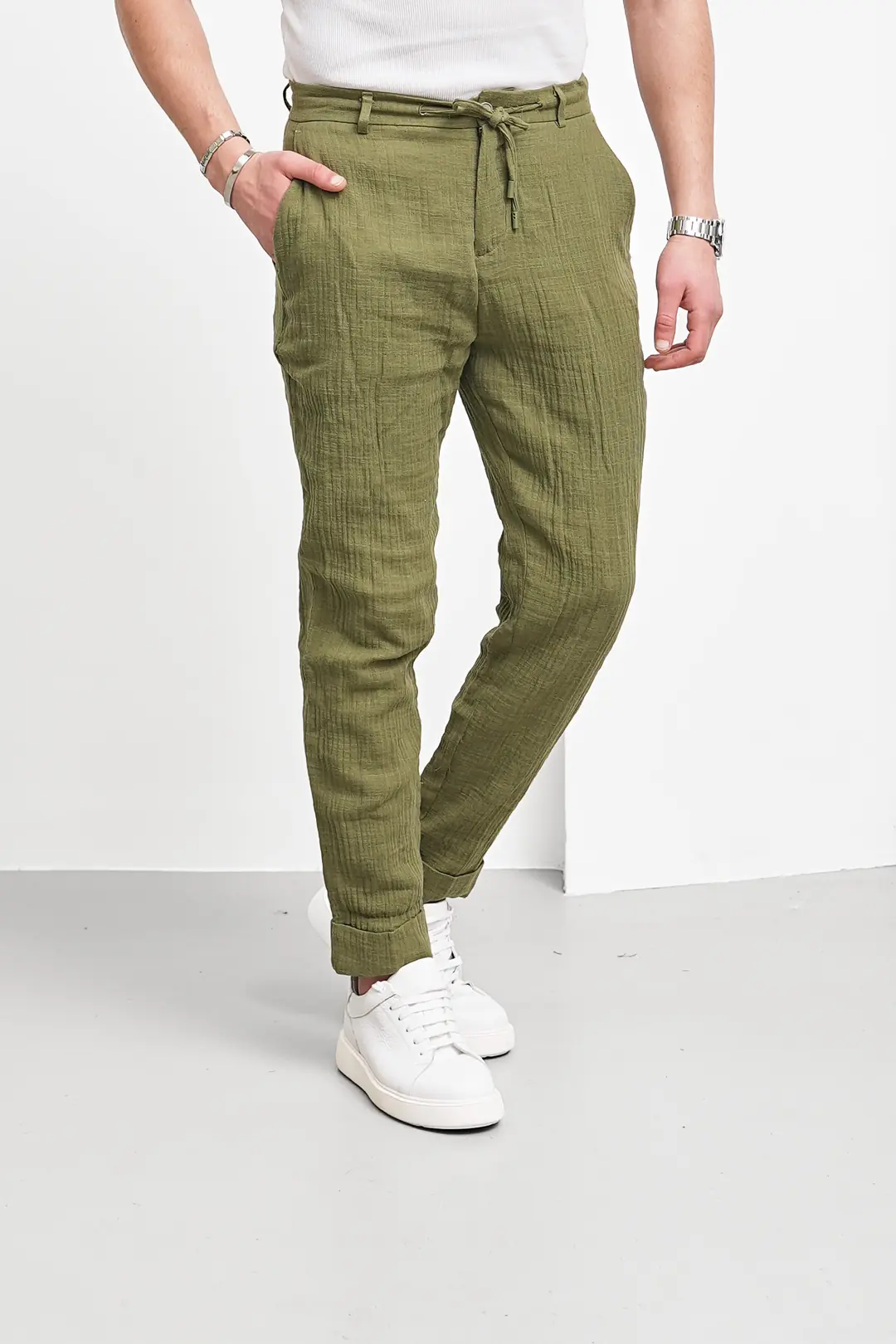 Kırışık Kumaş Kırçıllı Keten Pantolon - 6