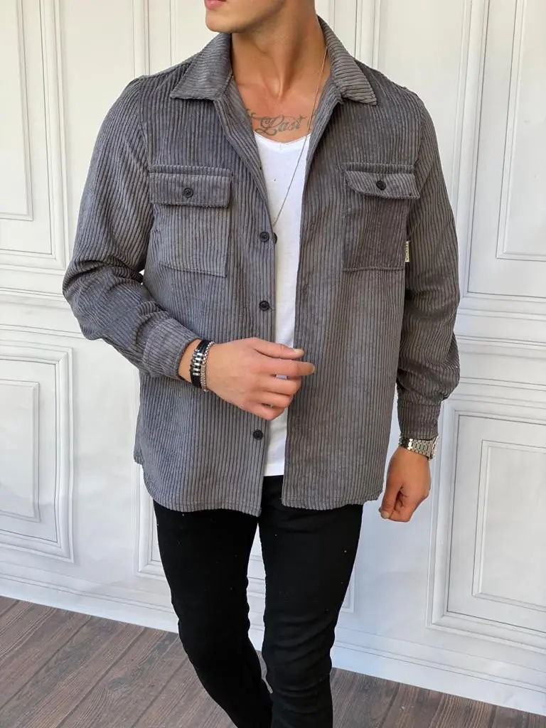 Kadife Fitil Desen Oversize Kışlık Gömlek - 1
