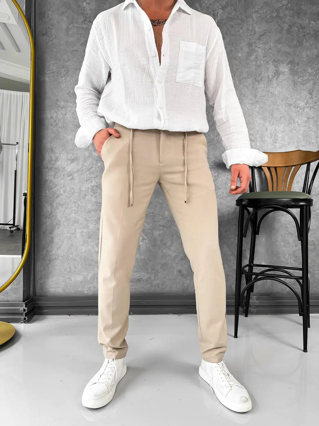 İp ve Düğme Detaylı %100 Gofre Kumaş Jogger Pantolon - 1