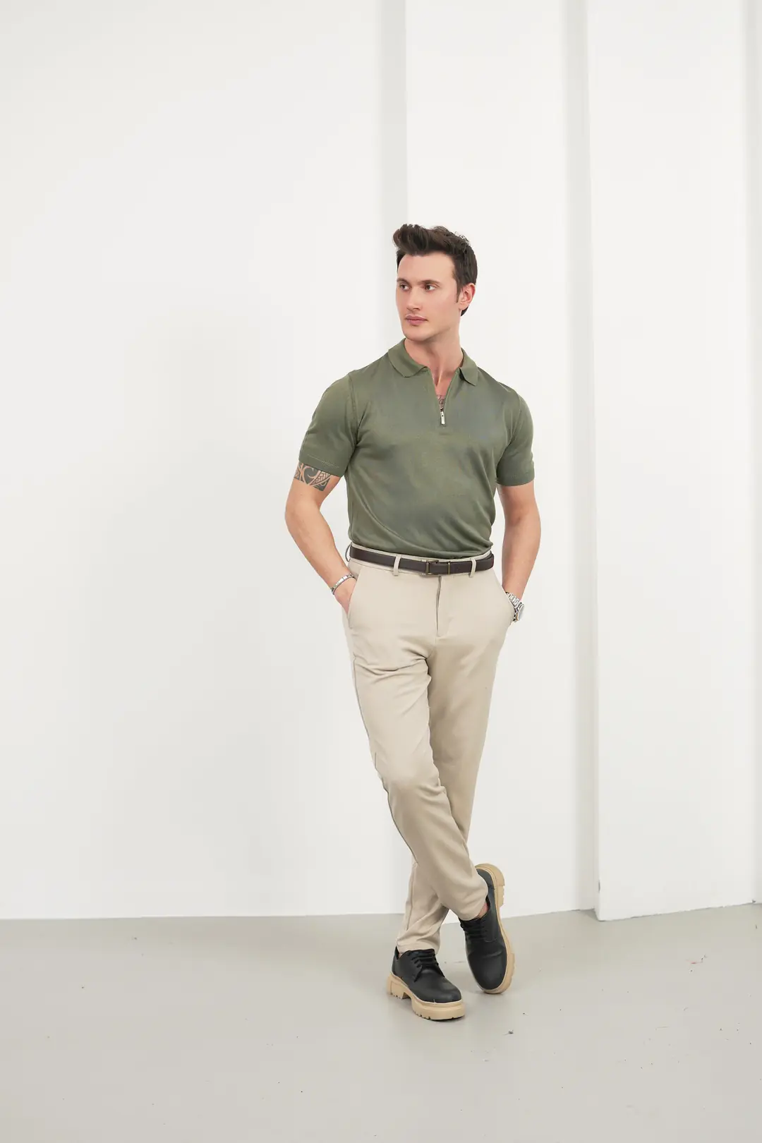 Erkek Basic Fermuarlı Polo Yaka Tişört - 5