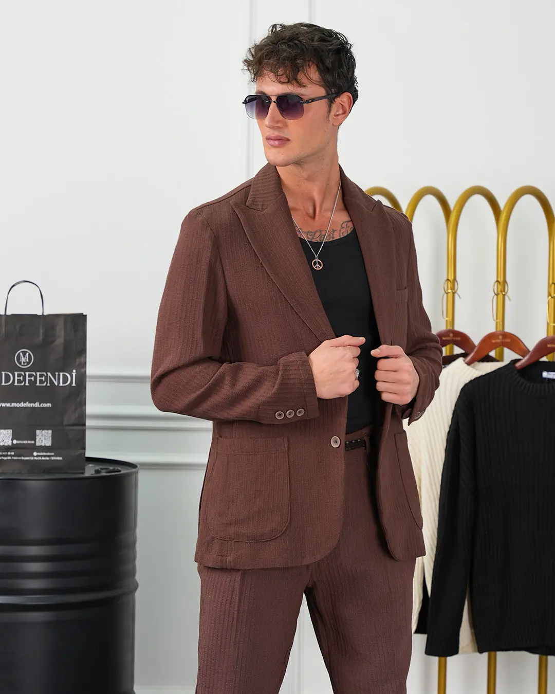 %100 Pamuk Keten Modern Fit Örgü Kemer Detaylı Keten Takım Elbise - 3