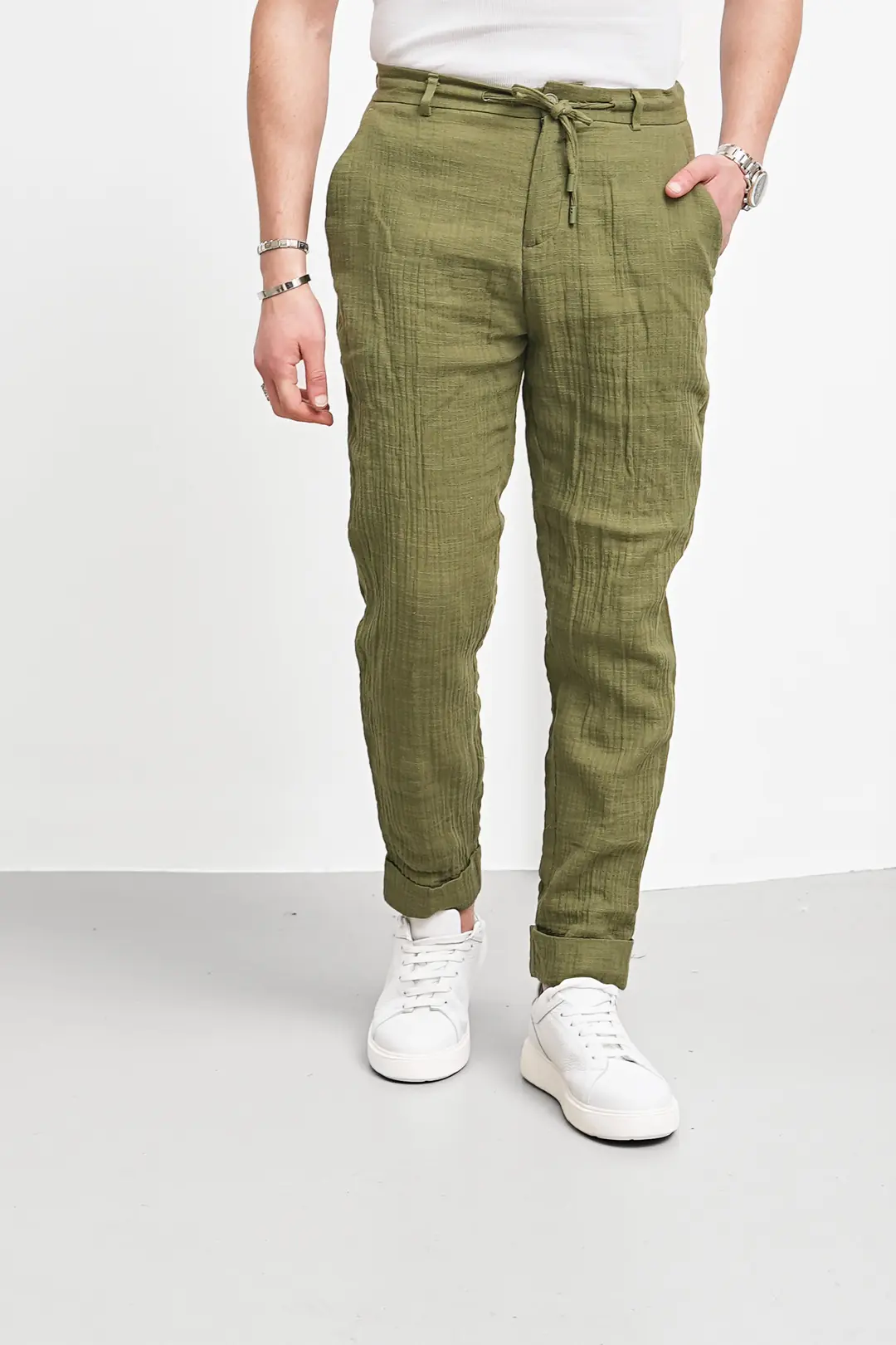 Kırışık Kumaş Kırçıllı Keten Pantolon - Haki