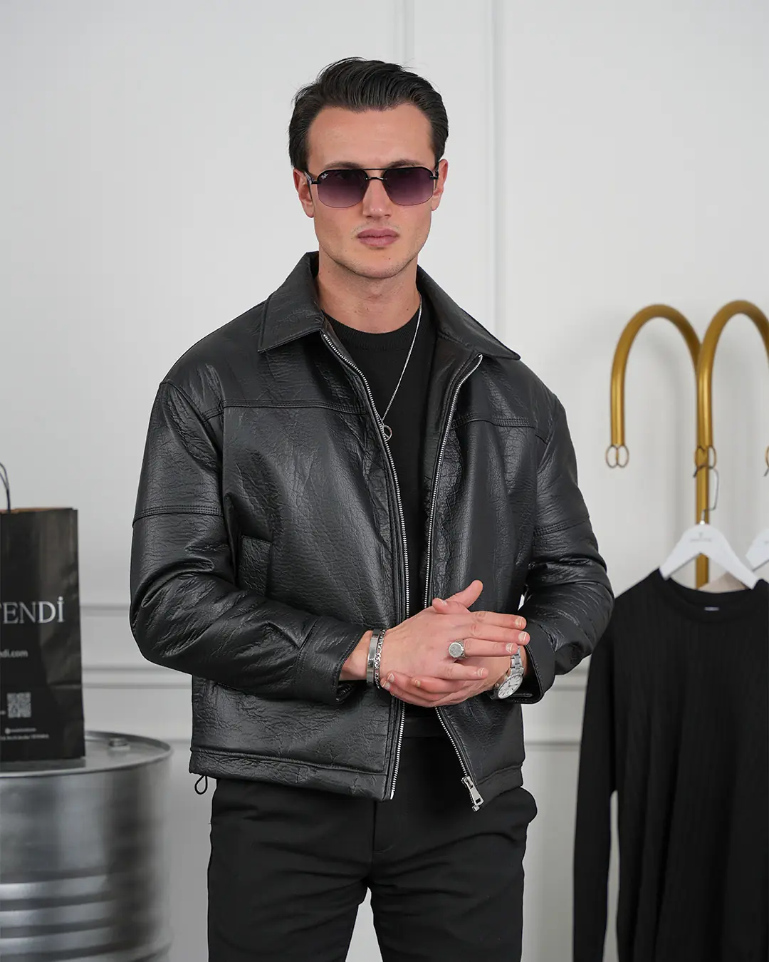 Orta Slim Fit İçi Elyaf İthal Deri Yan Cep Deri Mont - 3