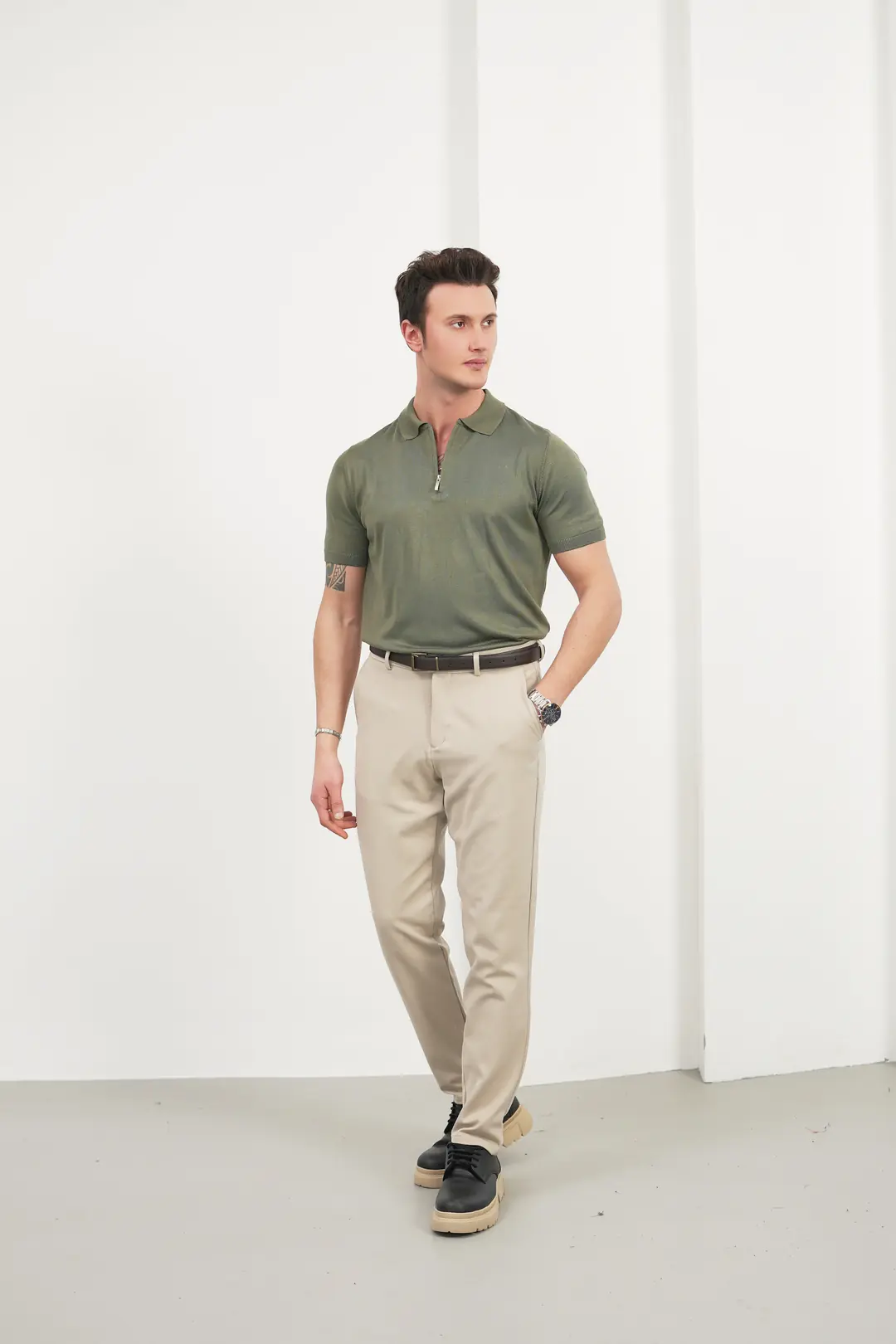Erkek Basic Fermuarlı Polo Yaka Tişört - 4