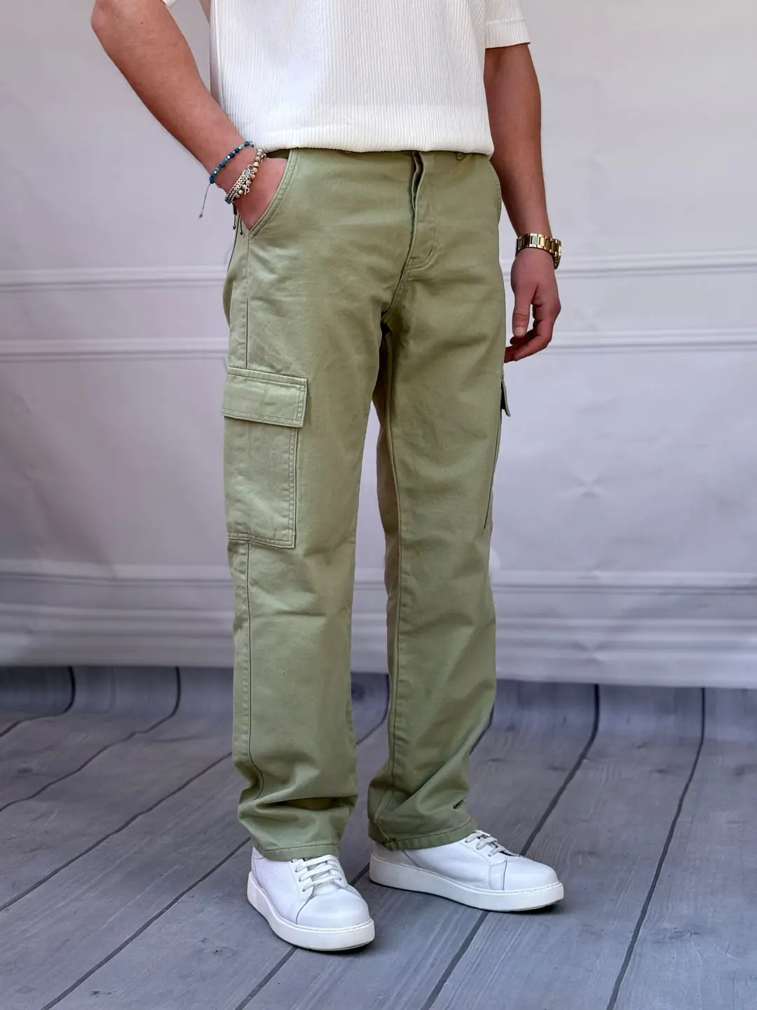 Cargo Cep Baggy Kalıp Gabardin Kot Pantolon - Fıstık Yeşili