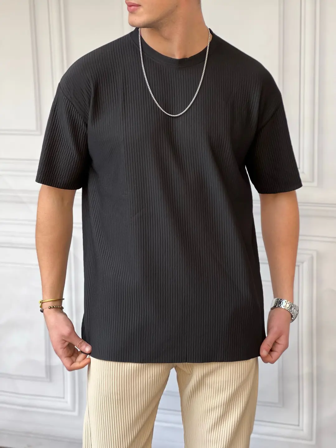 Fitil Desen Bisiklet Yaka Oversıze T-shirt - 1