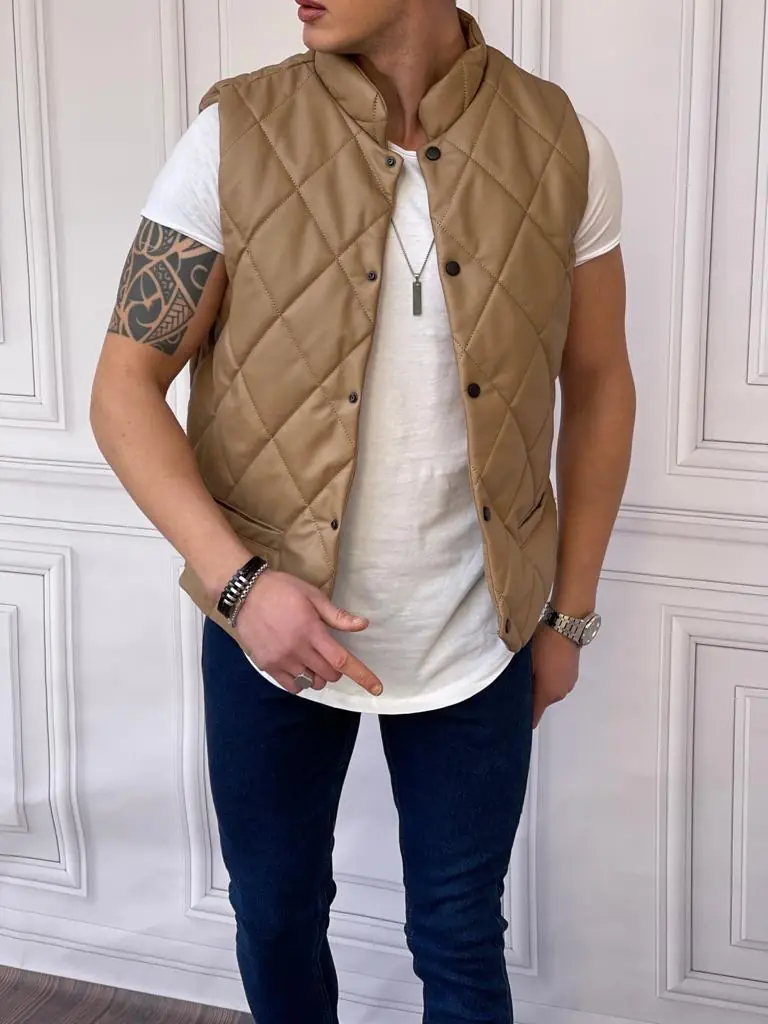 Slim Fit Baklava Desen Cep Detaylı Deri Yelek - 2