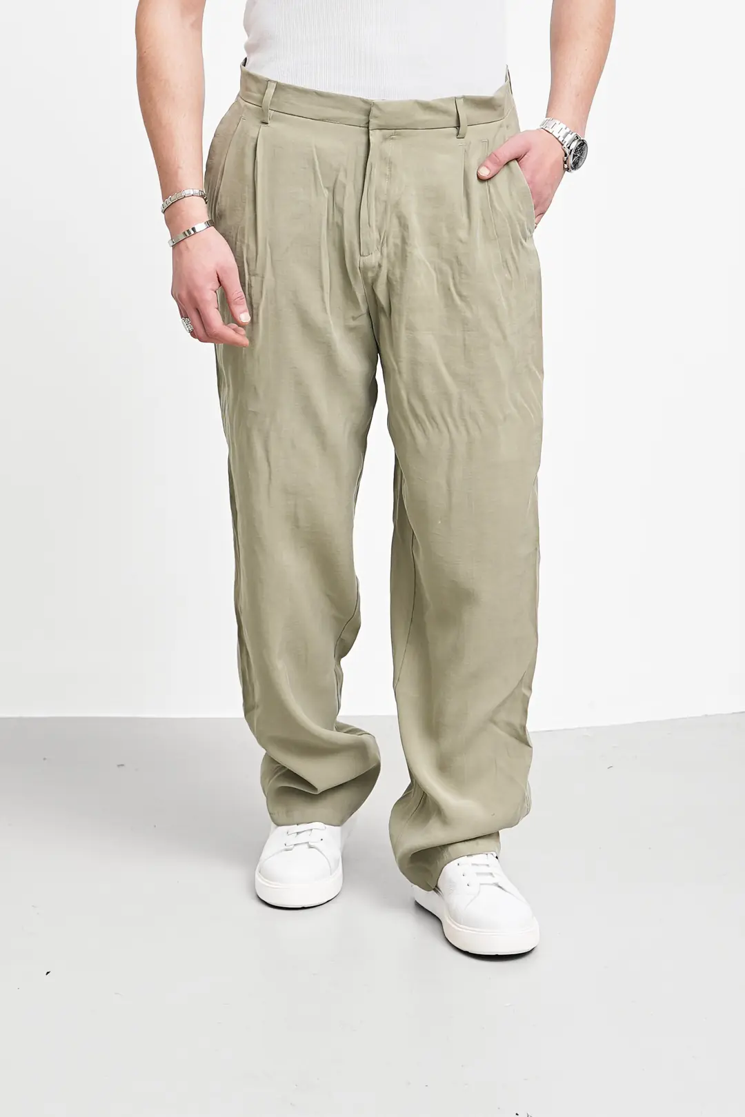Ermanno %100 Pamuk Keten Baggy Pileli Pantolon