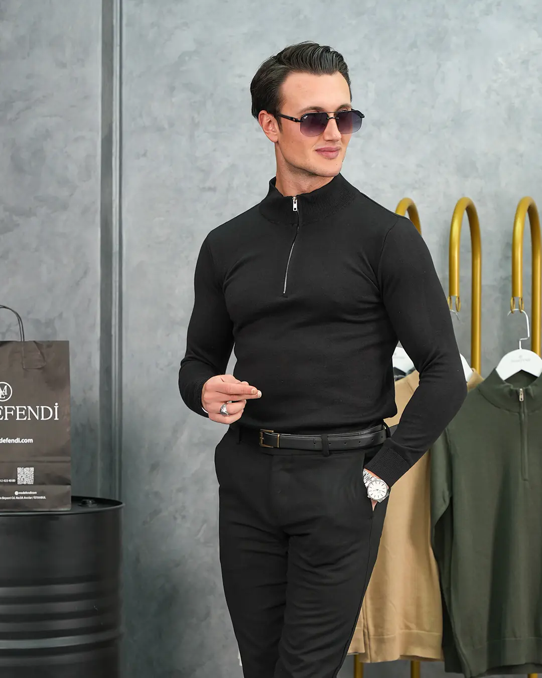 Pamuk Likra Slim Fit Yarım Fermuarlı Kazak
