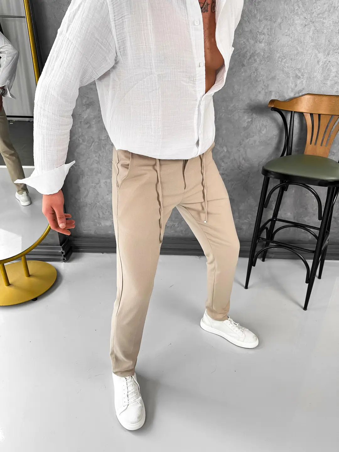 İp ve Düğme Detaylı %100 Gofre Kumaş Jogger Pantolon - 3