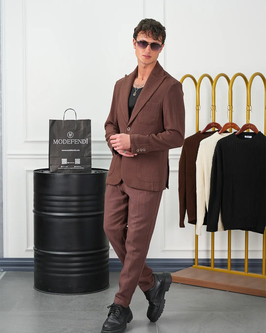 %100 Pamuk Keten Modern Fit Örgü Kemer Detaylı Keten Takım Elbise - 5