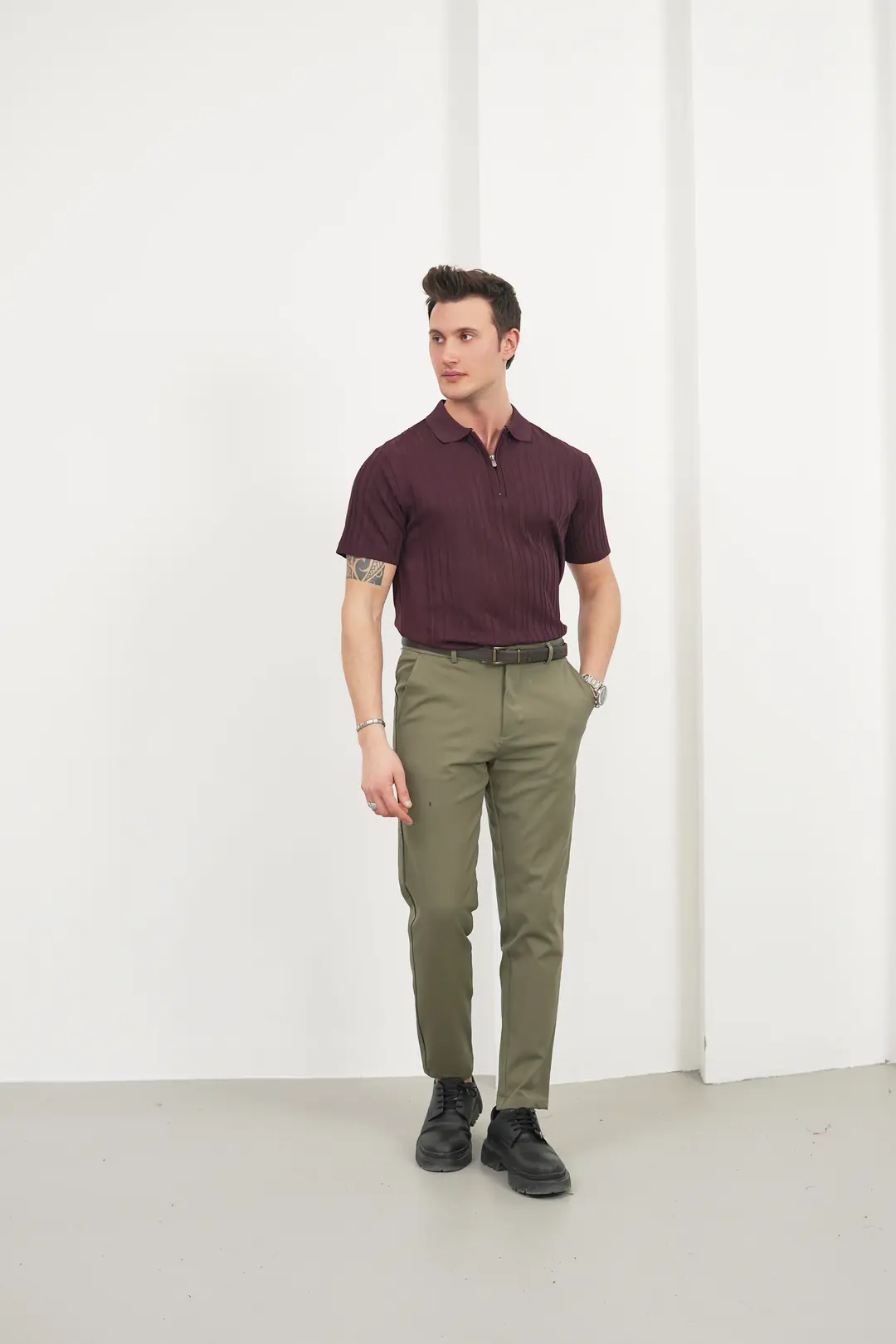 Erkek Çizgili Fermuar Detaylı Polo Yaka Tişört - 4